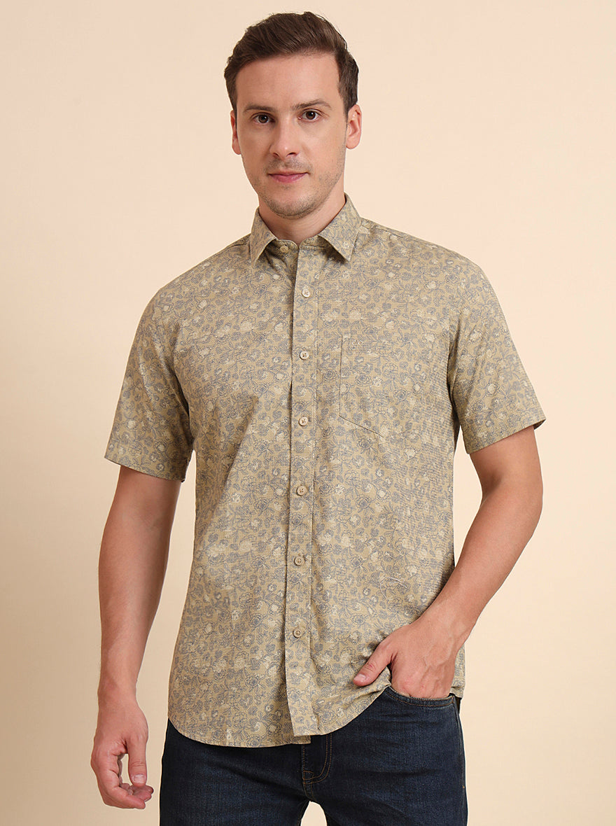 Beige Printed Tailored Fit Semi Casual Shirt | JadeBlue
