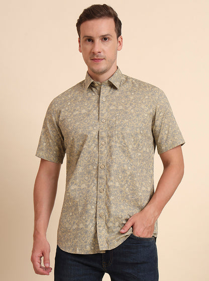 Beige Printed Tailored Fit Semi Casual Shirt | JadeBlue
