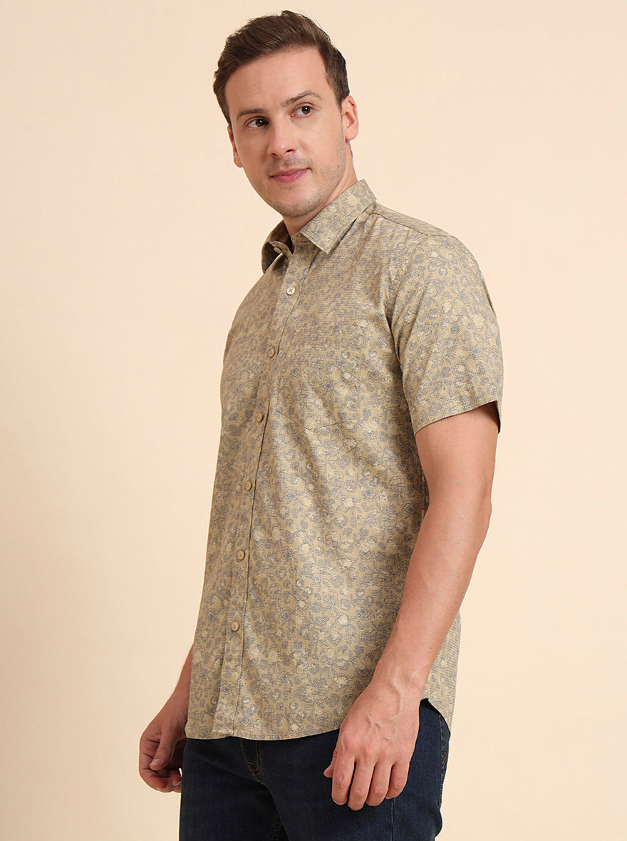 Beige Printed Tailored Fit Semi Casual Shirt | JadeBlue