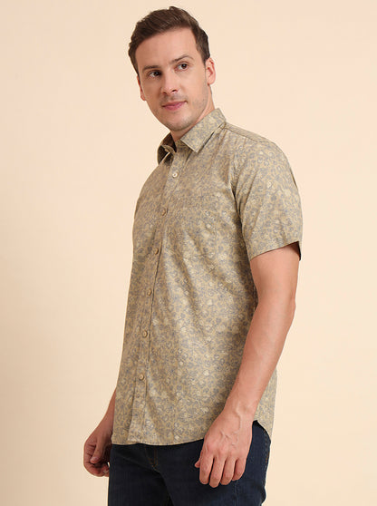 Beige Printed Tailored Fit Semi Casual Shirt | JadeBlue