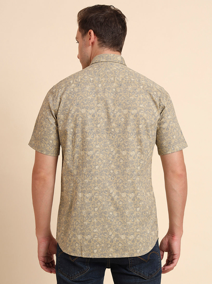 Beige Printed Tailored Fit Semi Casual Shirt | JadeBlue