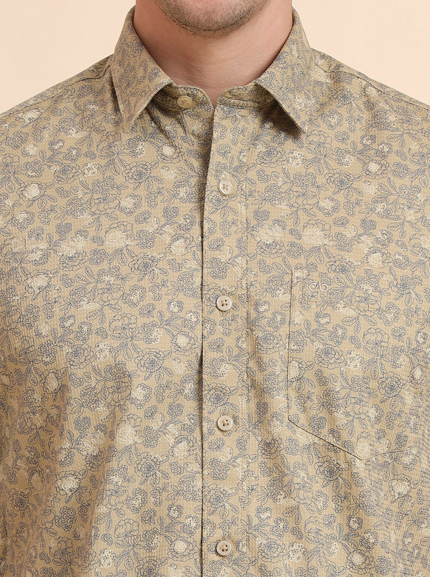 Beige Printed Tailored Fit Semi Casual Shirt | JadeBlue