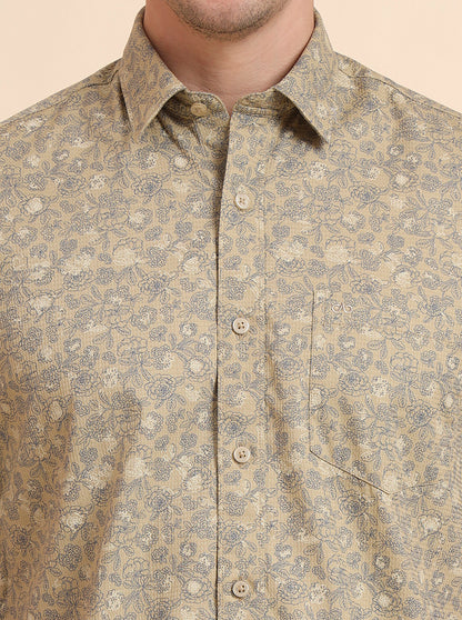 Beige Printed Tailored Fit Semi Casual Shirt | JadeBlue