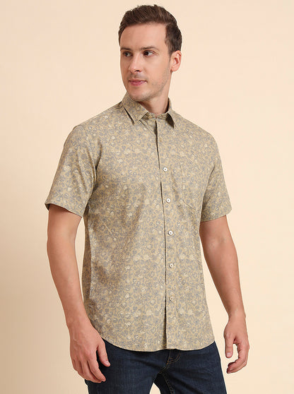 Beige Printed Tailored Fit Semi Casual Shirt | JadeBlue