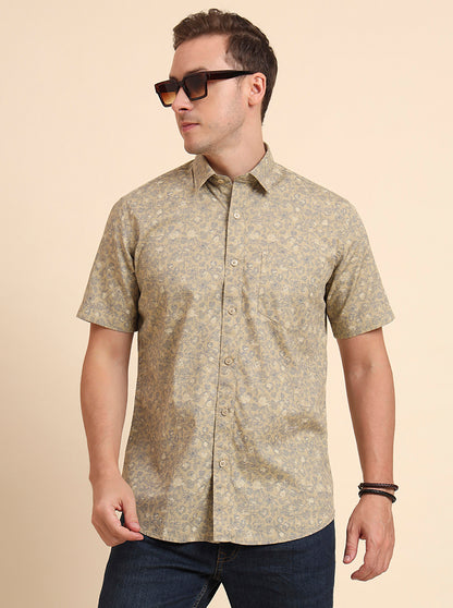 Beige Printed Tailored Fit Semi Casual Shirt | JadeBlue