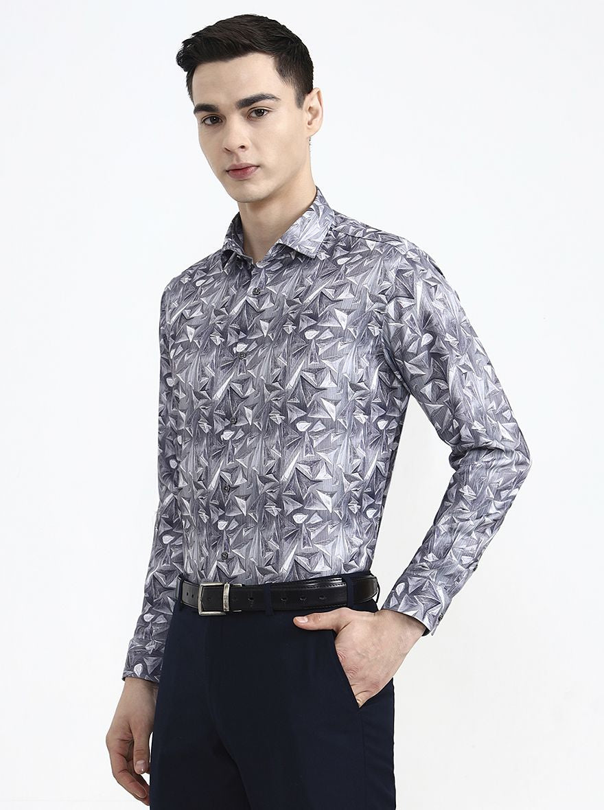Grey Printed Slim Fit Party Wear Shirt | Greenfibre