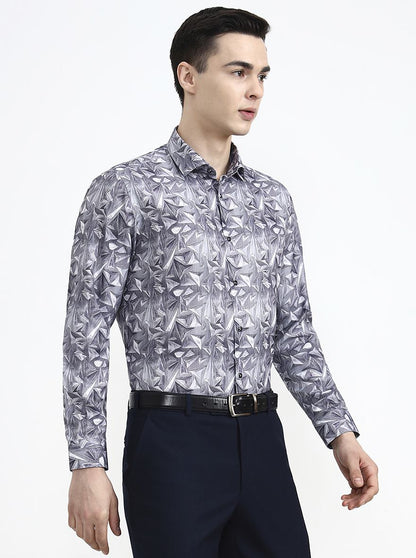 Grey Printed Slim Fit Party Wear Shirt | Greenfibre