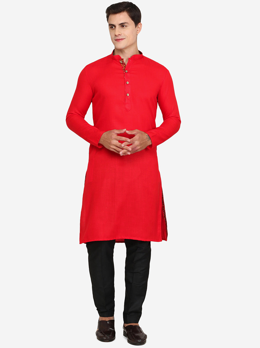 Red Solid Cotton Blend Kurta | The Kurta Company