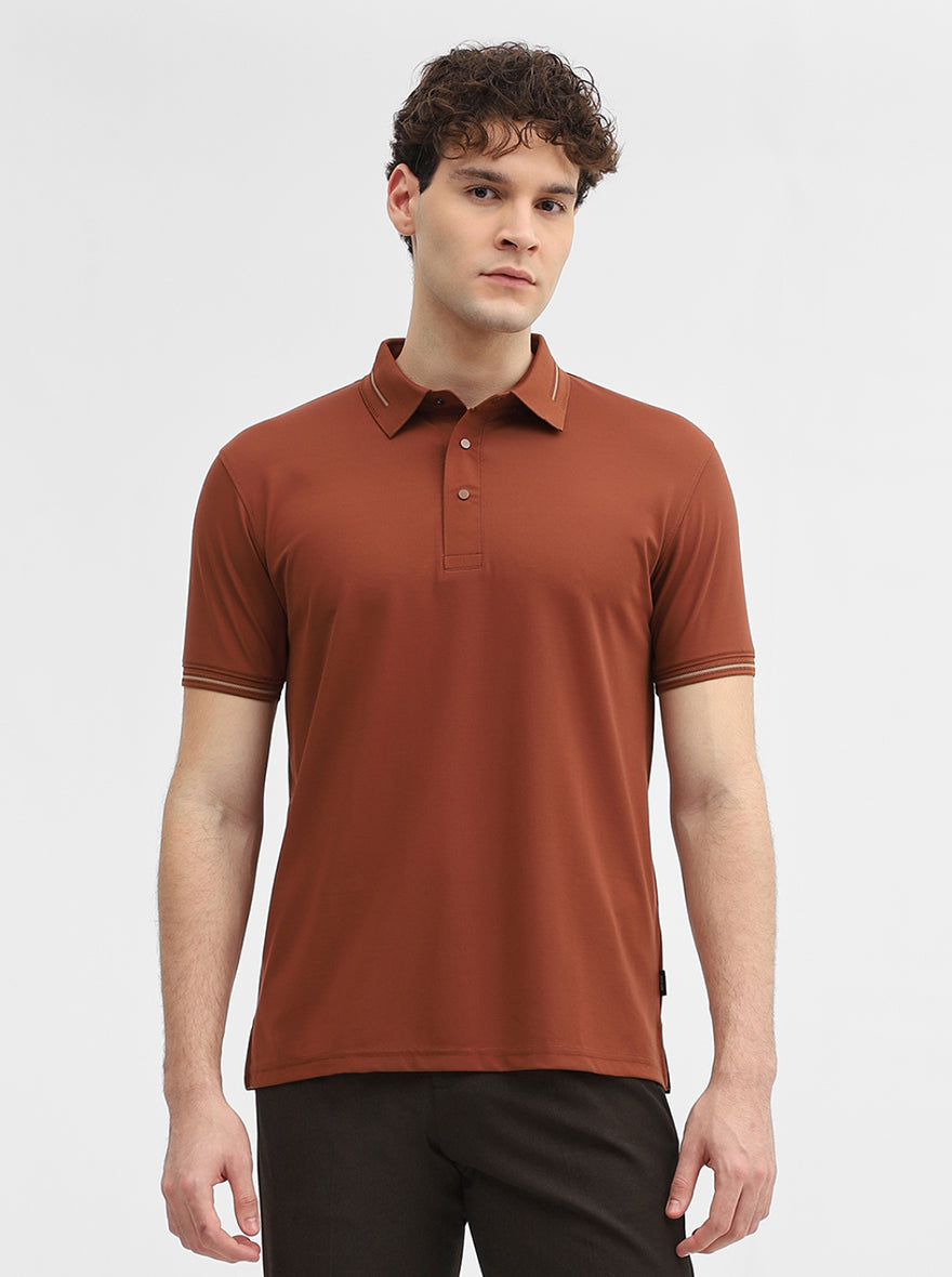 Apricot Orange Solid Slim Fit Polo T-Shirt | JadeBlue