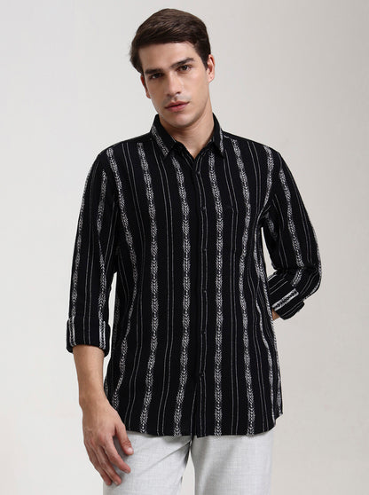 Black Striped Slim Fit Casual Shirt | JadeBlue