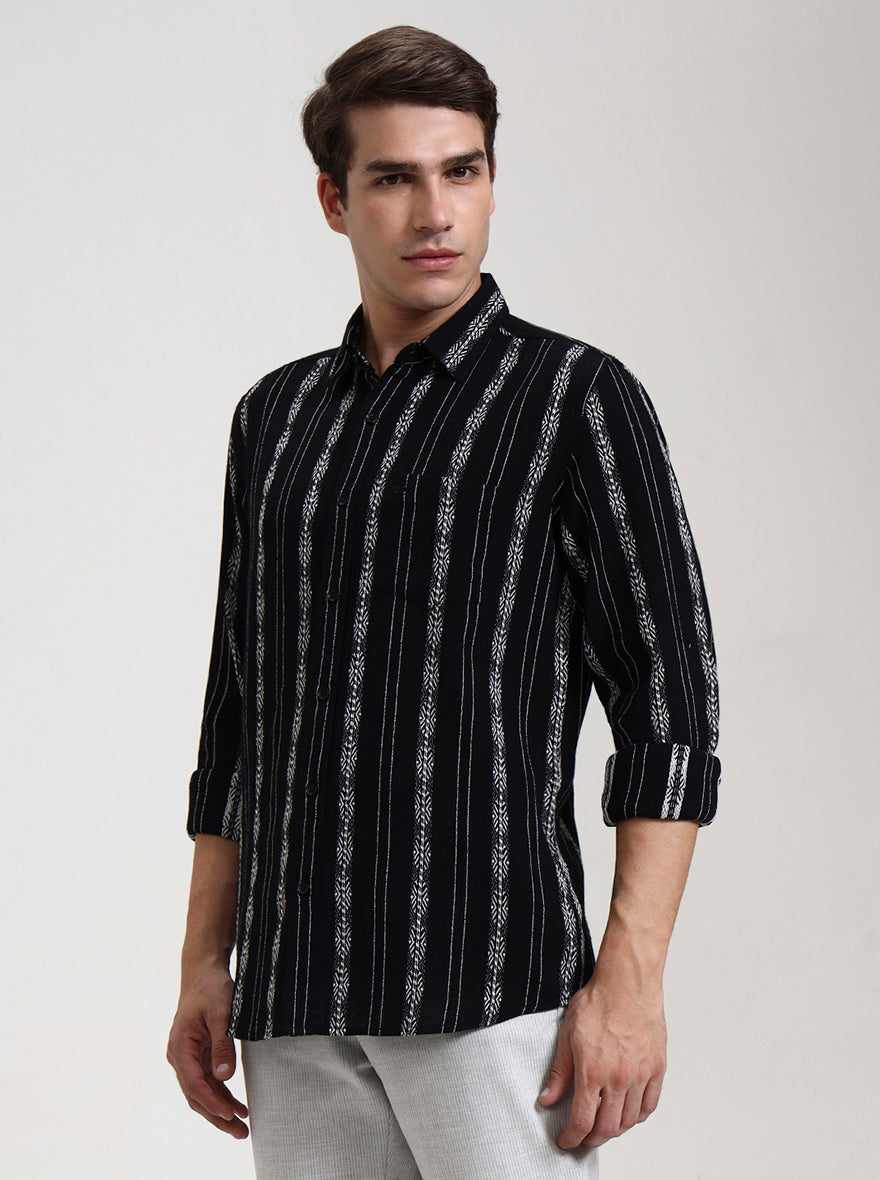 Black Striped Slim Fit Casual Shirt | JadeBlue