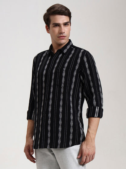 Black Striped Slim Fit Casual Shirt | JadeBlue
