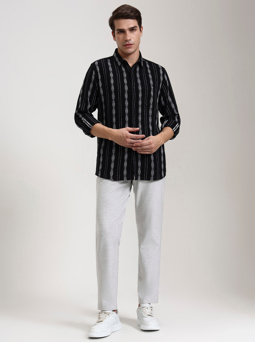 Black Striped Slim Fit Casual Shirt | JadeBlue