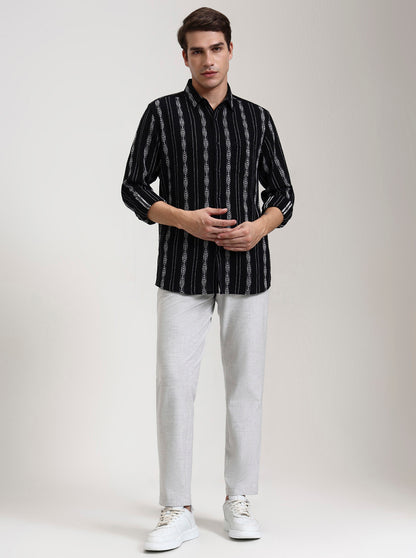 Black Striped Slim Fit Casual Shirt | JadeBlue