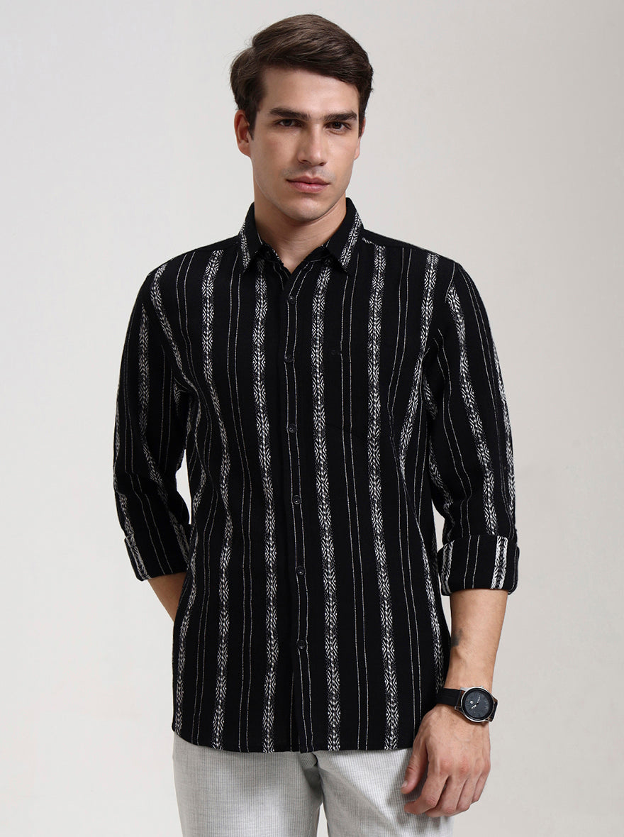 Black Striped Slim Fit Casual Shirt | JadeBlue