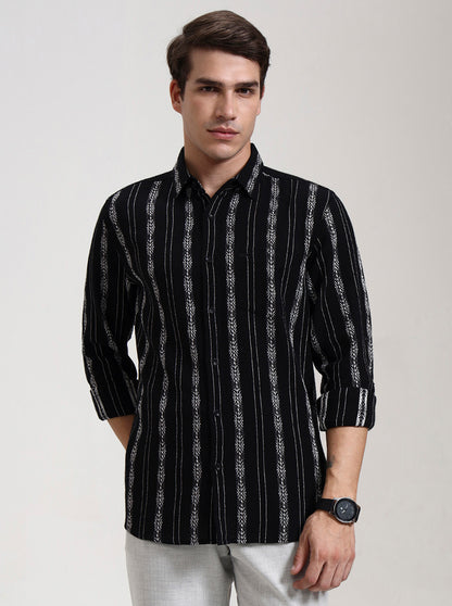 Black Striped Slim Fit Casual Shirt | JadeBlue