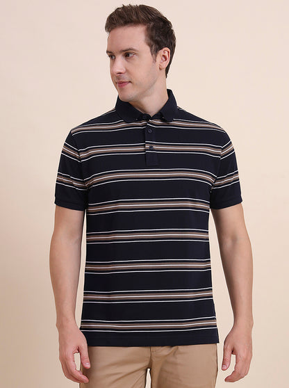 Navy Blue & Khaki Striped Slim Fit Polo T-Shirt | JadeBlue