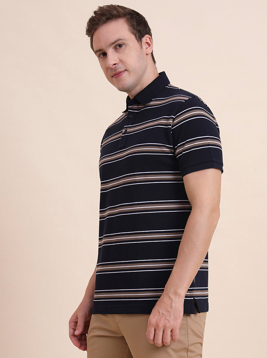 Navy Blue & Khaki Striped Slim Fit Polo T-Shirt | JadeBlue