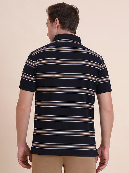 Navy Blue & Khaki Striped Slim Fit Polo T-Shirt | JadeBlue