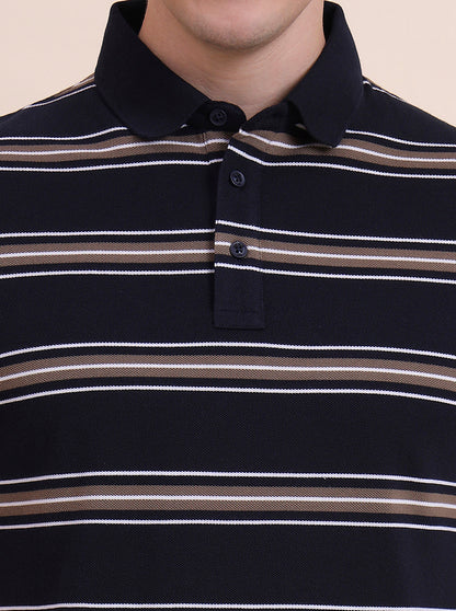 Navy Blue & Khaki Striped Slim Fit Polo T-Shirt | JadeBlue