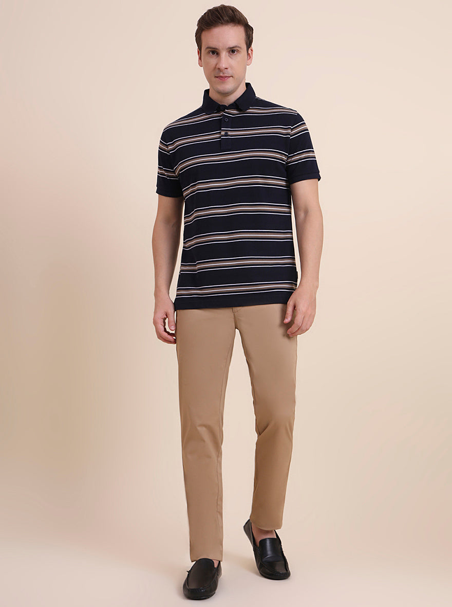 Navy Blue & Khaki Striped Slim Fit Polo T-Shirt | JadeBlue