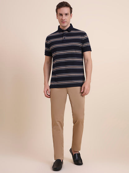 Navy Blue & Khaki Striped Slim Fit Polo T-Shirt | JadeBlue