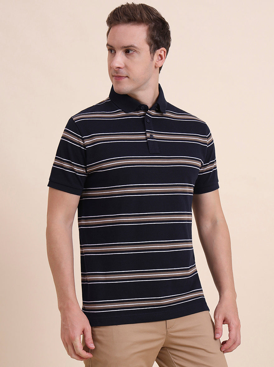 Navy Blue & Khaki Striped Slim Fit Polo T-Shirt | JadeBlue