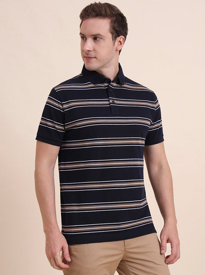 Navy Blue & Khaki Striped Slim Fit Polo T-Shirt | JadeBlue