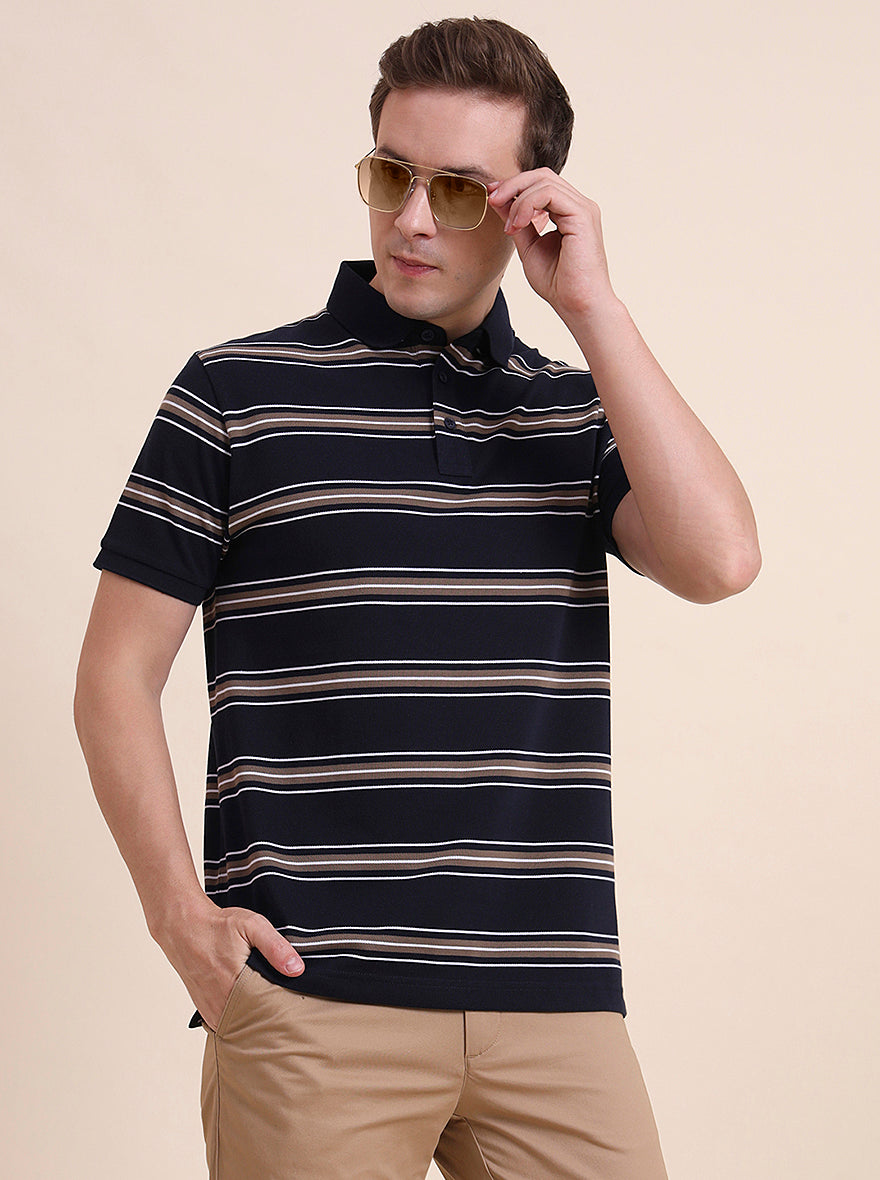 Navy Blue & Khaki Striped Slim Fit Polo T-Shirt | JadeBlue