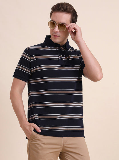 Navy Blue & Khaki Striped Slim Fit Polo T-Shirt | JadeBlue