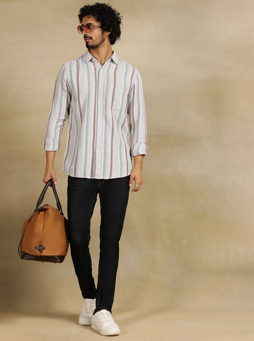 Grey Striped Slim Fit Casual Shirt | JadeBlue