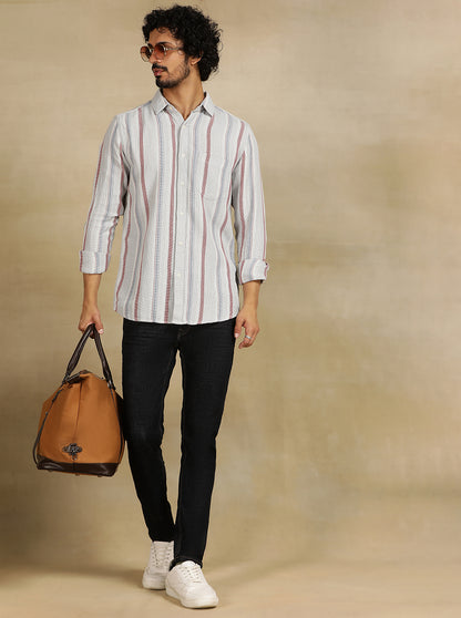 Grey Striped Slim Fit Casual Shirt | JadeBlue