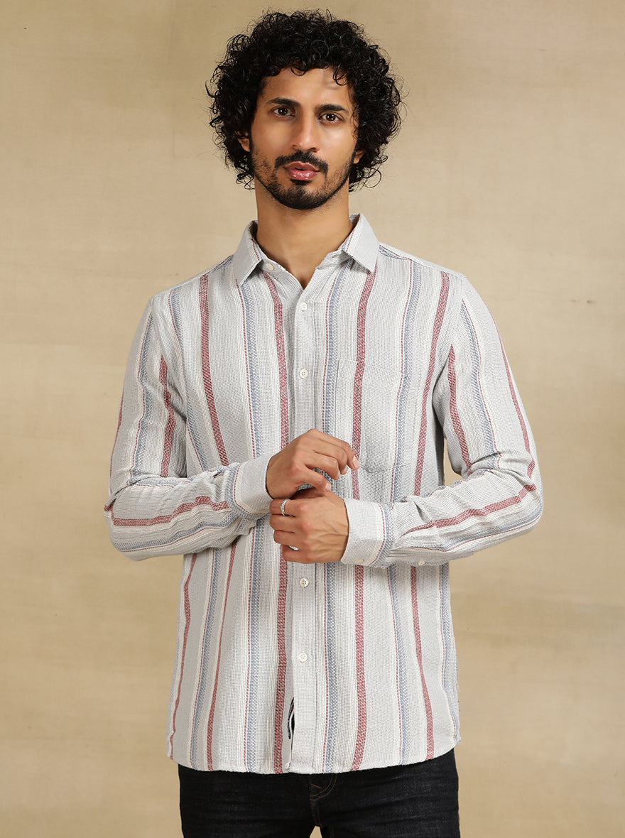 Grey Striped Slim Fit Casual Shirt | JadeBlue