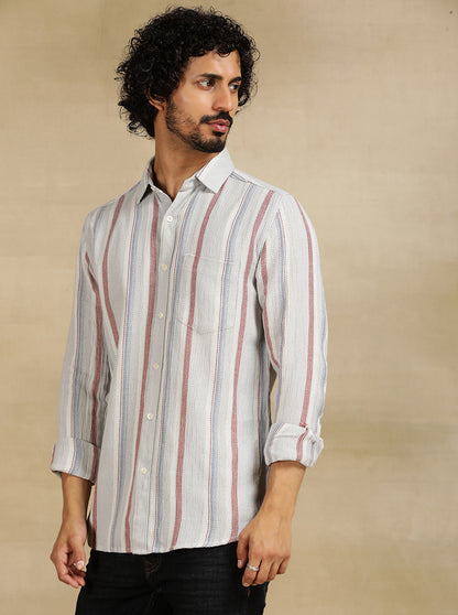 Grey Striped Slim Fit Casual Shirt | JadeBlue