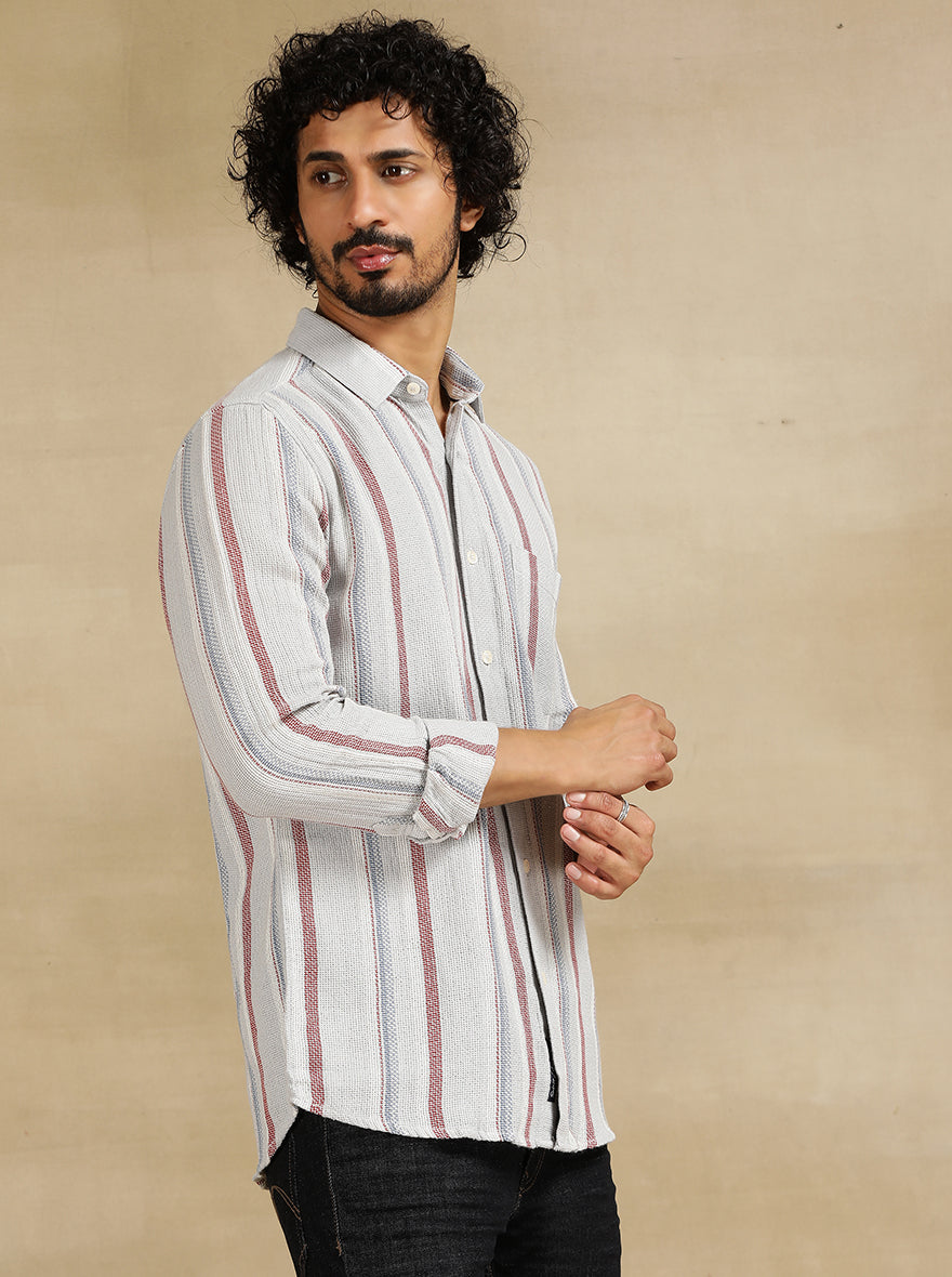 Grey Striped Slim Fit Casual Shirt | JadeBlue