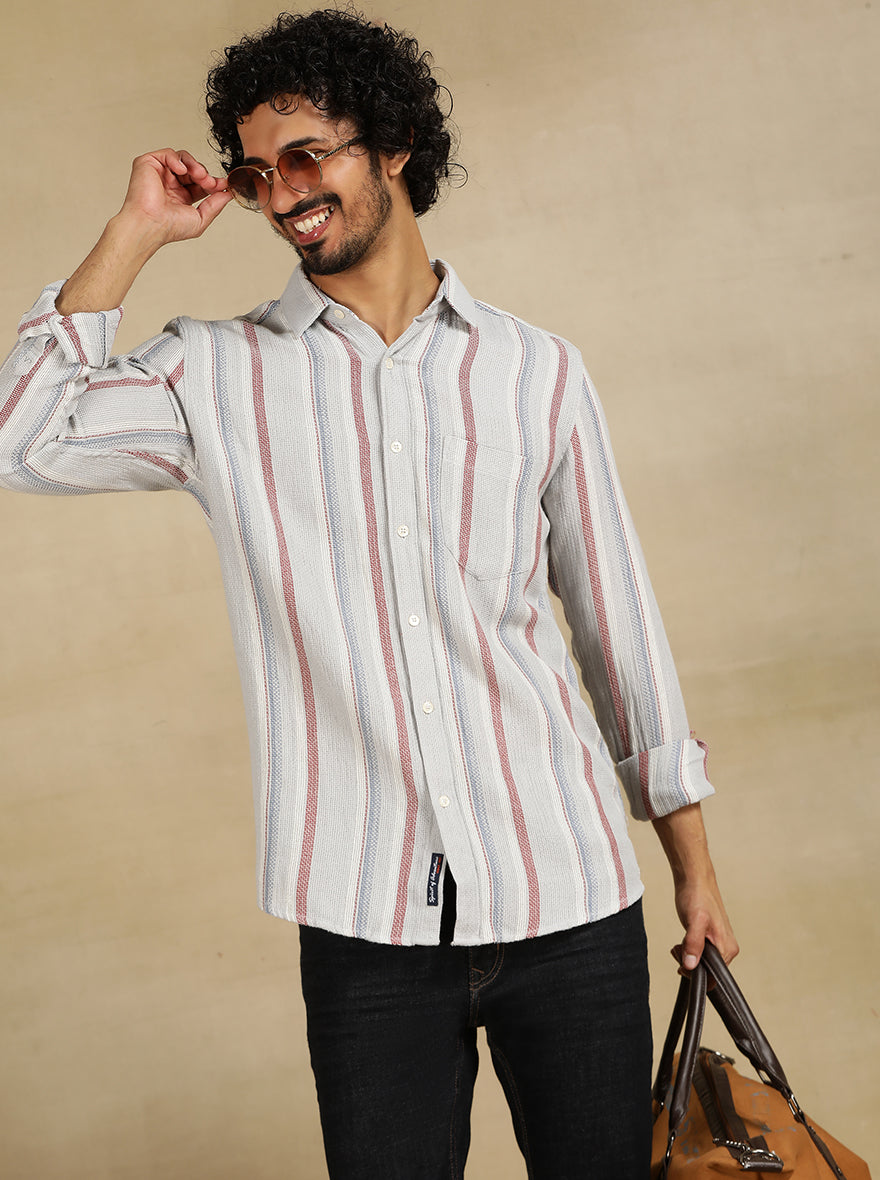 Grey Striped Slim Fit Casual Shirt | JadeBlue