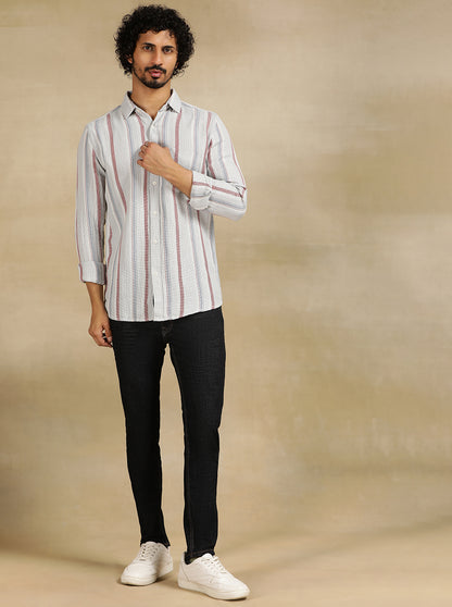 Grey Striped Slim Fit Casual Shirt | JadeBlue