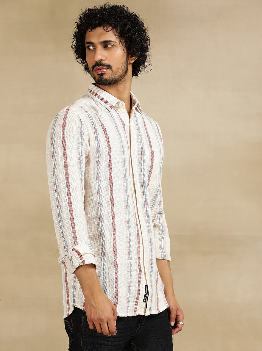 Off White Striped Slim Fit Casual Shirt | JadeBlue