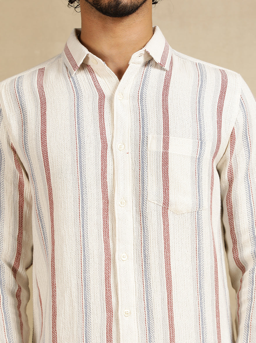 Off White Striped Slim Fit Casual Shirt | JadeBlue