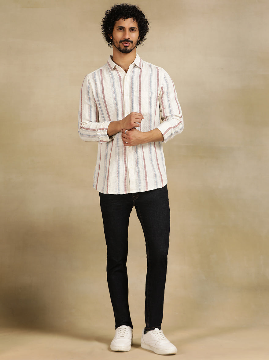Off White Striped Slim Fit Casual Shirt | JadeBlue
