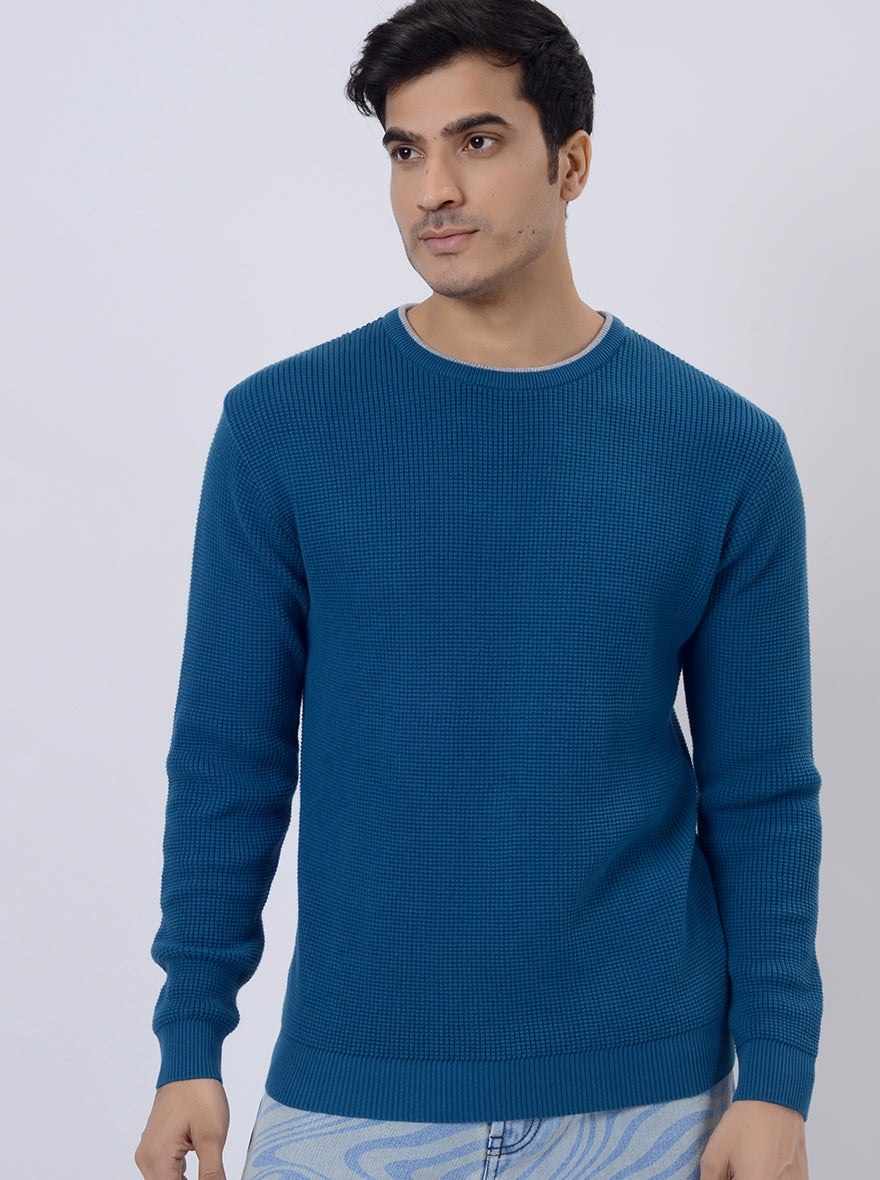 Navy Blue Solid Regular Fit Winter T-Shirt | JadeBlue
