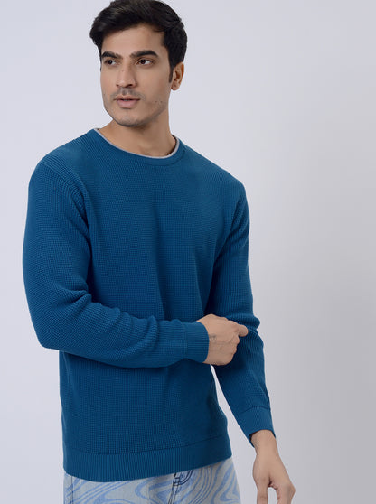 Navy Blue Solid Regular Fit Winter T-Shirt | JadeBlue