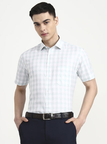 White & Green Checked Regular Fit Formal Shirt | Greenfibre