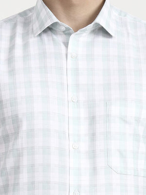 White & Green Checked Regular Fit Formal Shirt | Greenfibre