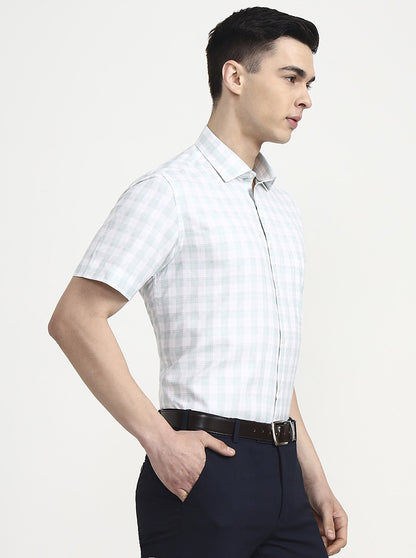 White & Green Checked Regular Fit Formal Shirt | Greenfibre