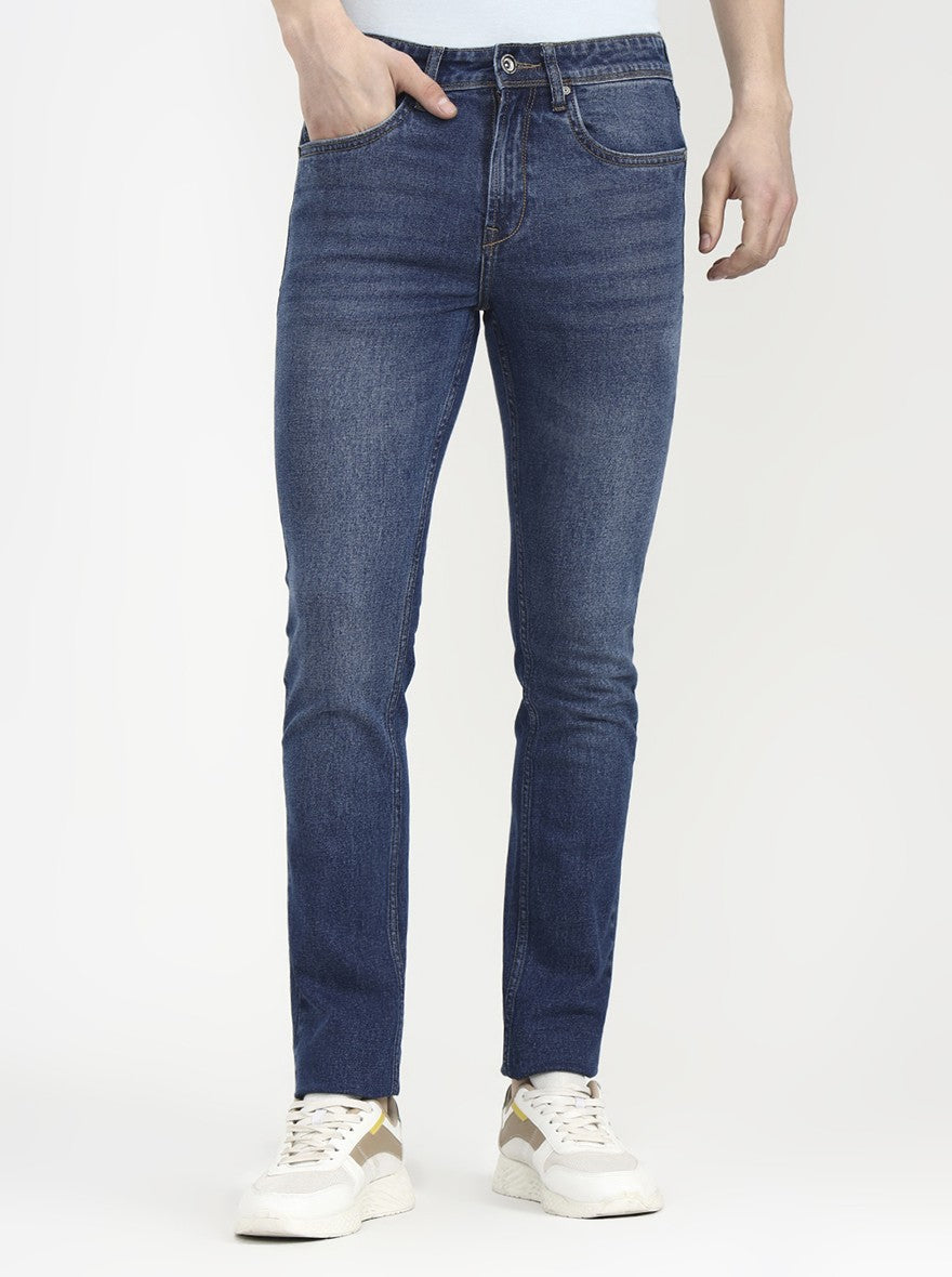 Mid Indigo Blue Solid Straight Fit Jeans | JadeBlue