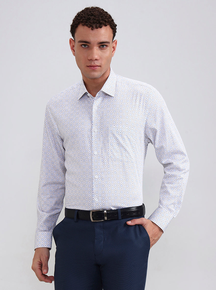 White & Blue Printed Regular Fit Formal Shirt | JadeBlue