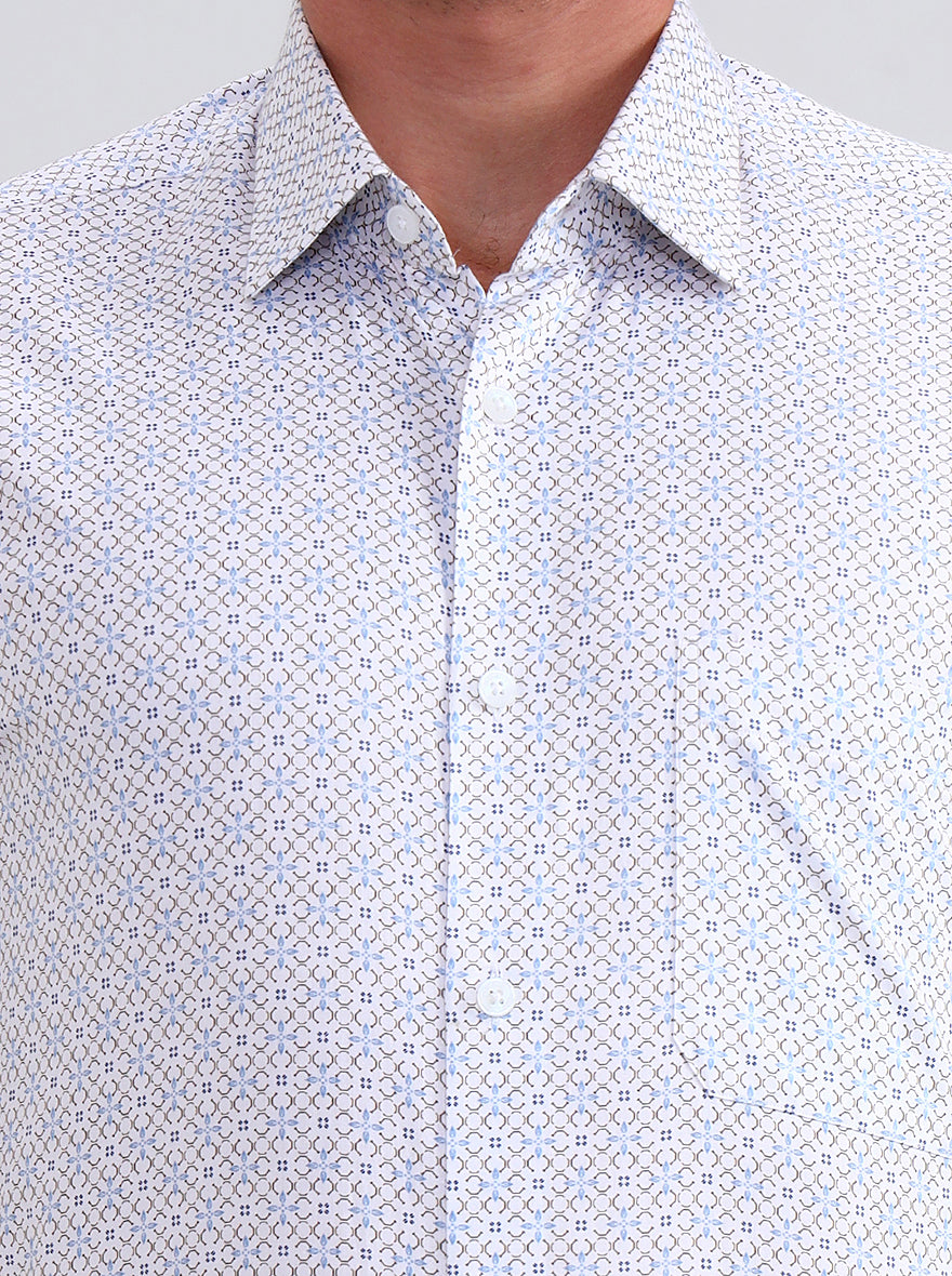 White & Blue Printed Regular Fit Formal Shirt | JadeBlue