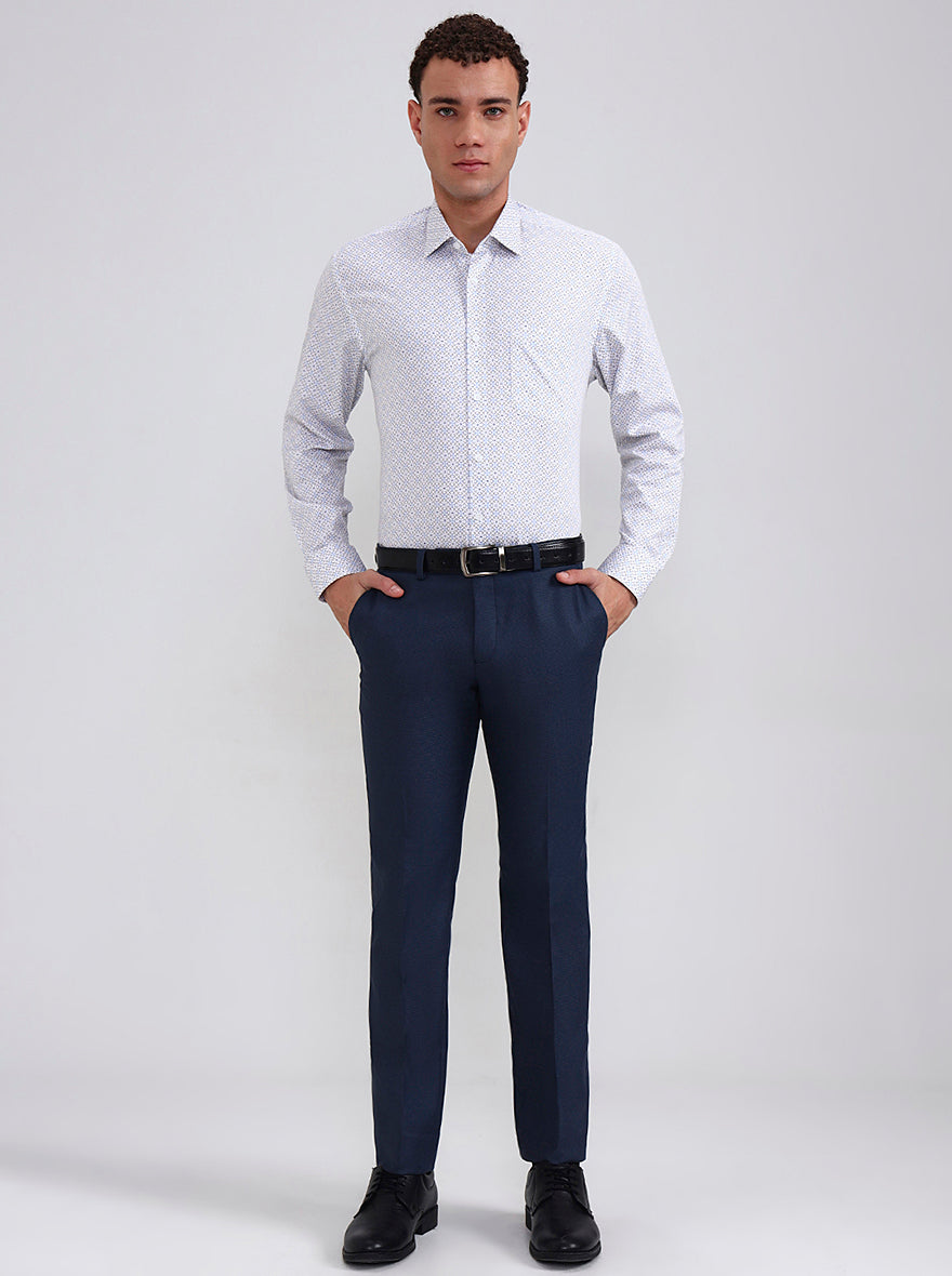 White & Blue Printed Regular Fit Formal Shirt | JadeBlue