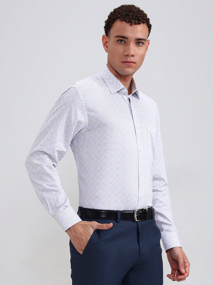 White & Blue Printed Regular Fit Formal Shirt | JadeBlue